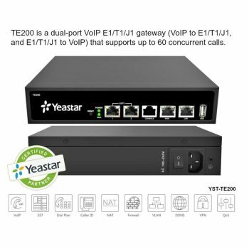 Gateway VoIP * Marca: Yeastar * Modelo: TE200 * Soporta hasta 60 llamadas concurrentes. * 2 Puertos E1 T1 J1: Soporta PRI, MFC R2, SS7, E & M * Protocolo: SIP RFC3261 * Protocolo de Transporte: UDP, TCP, TLS, SRTP * DTMF: RFC2833, SIP INFO, en banda * Codec: G.711 alaw ulaw, G.722, G.726, G.729A, GSM, ADPCM, Speex * Cancelacion de Eco: UIT T G.168 LEC * Protocolo de red: FTP, TFTP, HTTP, HTTPS, SSH * Red: DDNS, Firewall, PPPoE, IP Estatica, QoS, ruta estatica * Tipos de conmutador PRI: Euro ISDN, nacion, Q.SIG * CAS: MFC R2 Argentina, Brasil, China, Republica Checa, Colombia, Ecuador, Indonesia, la UIT, Mexico, Filipinas, Venezuela * SS7: UIT, ANSI, China * LAN: 1 10 100 1000 Mbps * WAN: 1 10 100 1000 Mbps * USB: 1 * Fuente De Alimentacion: AC 100 240V 12V 2A * Gama de la operacion: 0 ° C a 40 ° C, 32 ° F a 104 ° F * Rango de Almacenamiento: 20 ° C a 65 ° C, 4 ° F a 149 ° F * Humedad: 10 90% sin condensacion * Instalacion y gestion simple. * Interoperable con Elastix y Lync Server. * Compatible con varios ISDN PBX, IP PBX y Softswitch. * Dimensiones L x W x H mm: 213 x 160 x 44