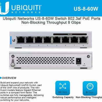 SWITCH 8PT POE+ UBIQUITI CON 4PT POE GIGABIT 15.4W POR PUERTO 60W US-8-60W