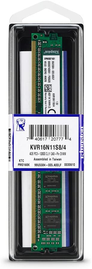 Kingston Value (KVR16N11S8/4) - Memoria RAM RAM (4 GB, 1600 MHz, PC3-12800 DDR3 no ECC CL11, DIMM SR x8, memoria RAM de 4 GB, 1600 MHz)