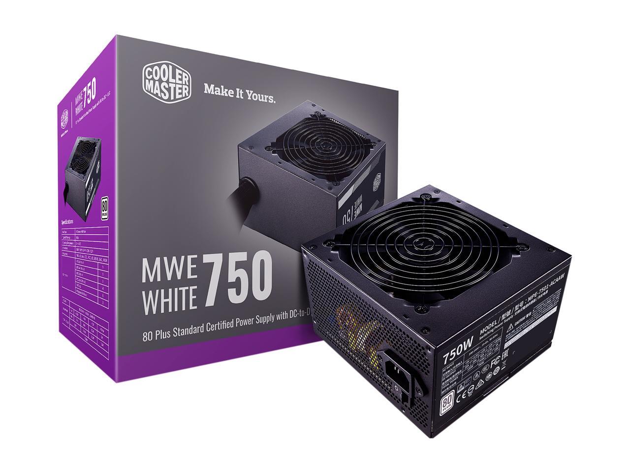 Cooler Master MWE 750 White 750W 80+ White PSU con ventilador silencioso de 120 mm con cojinete hidrodinámico, riel único de + 12V, cables negros planos