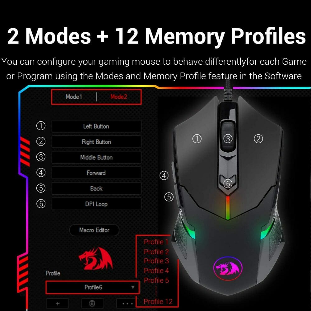 Redragon M601 RGB Gaming Mouse retroiluminado con cable ergonómico de 7 botones programable Centrophorus con grabación macro y ajuste de peso Set 7200 DPI para PC Windows (negro)