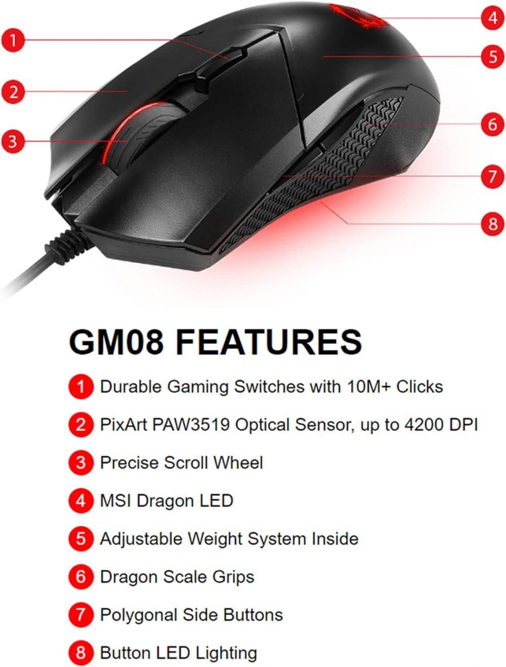 MSI Clutch GM08 Mouse Gamer 4200 DPI GM08