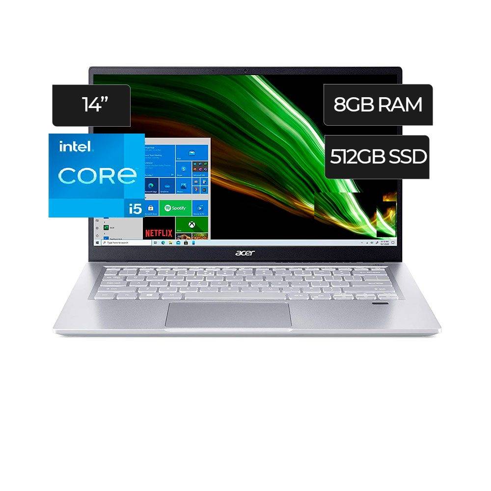 INTEL CORE I5 1135G7 2.4GHZ 8GB DDR4 512GB SSD 14FHD (1920x1080) INTEL IRIS XE GRÁFICOS WEBCAM BLUETOOTH WINDOWS 10 COLOR PLATA