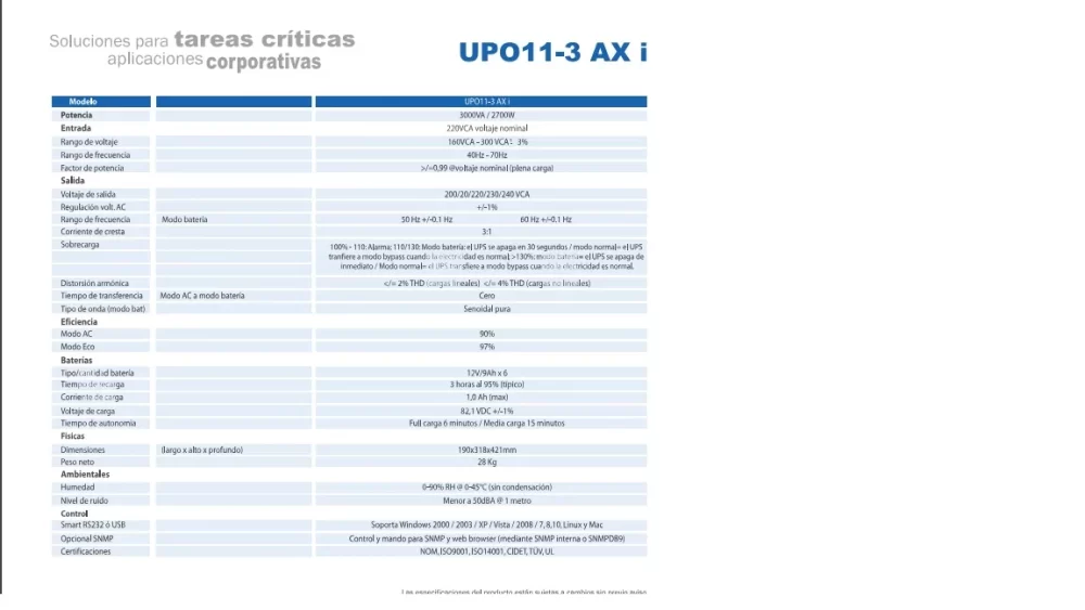 UPO11-3RTAXi (220V) UPS ON LINE 3000VA RACK/TORRE 220V - Garantía 2 años