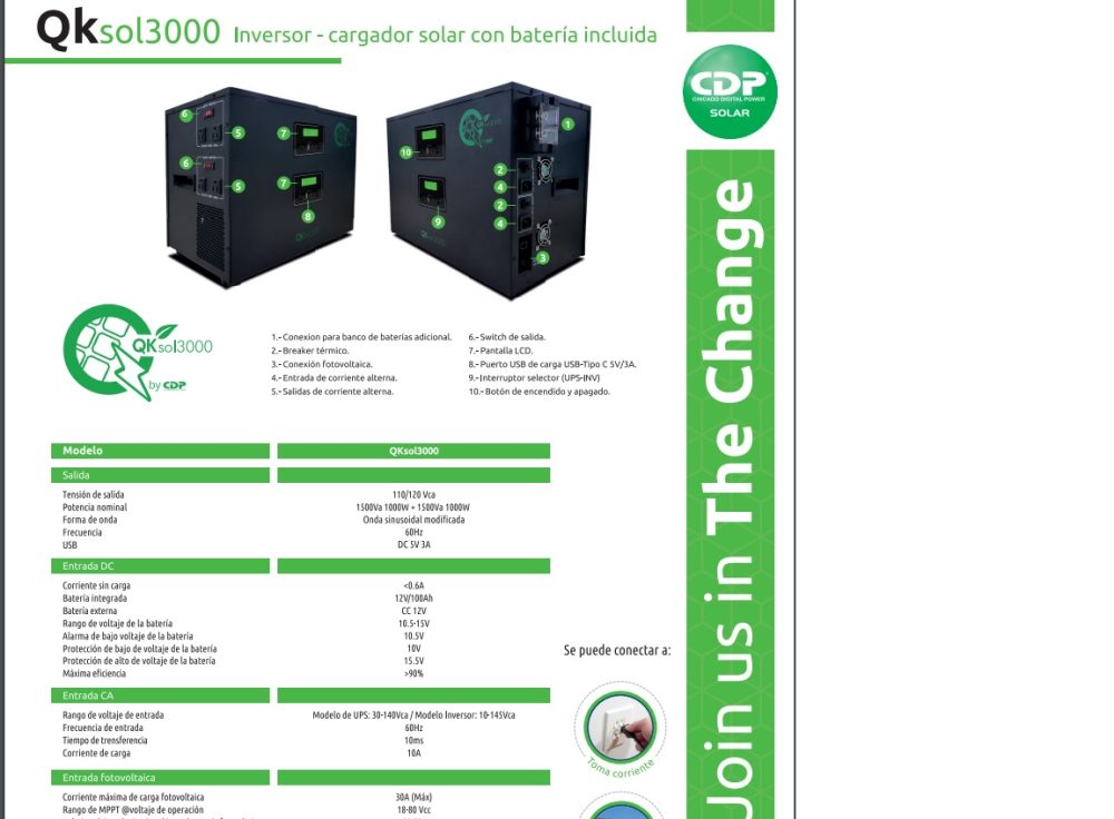 CDP QKSOL-3000 3000VA/2400W INVERSOR/CARGADOR SOLAR QKSOL-3000