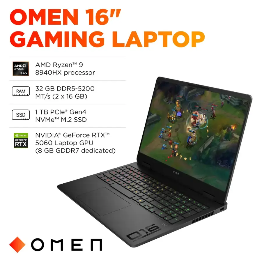 HP OMEN - 16" 2K RYZEN 9 8940HX 32GB 1TB RTX 5060 8GB BP1Q1UA-ABA HP OMEN - 16" 2K RYZEN 9 8940HX 32GB 1TB RTX 5060 8GB BP1Q1UA-ABA